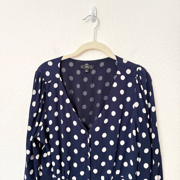 [J. Crew] Navy Blue White Polka Dot Long Sleeve Crepe Peplum V-Neck Blouse Sz 12 - Picture 5 of 12